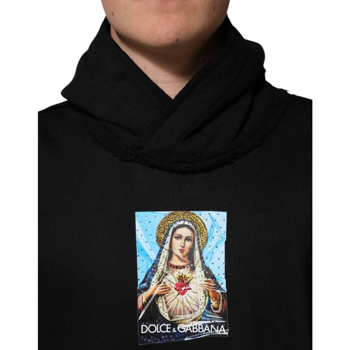 Dazzling Dolce Gabbana Black Printed Hooded Sweater with Crystals &