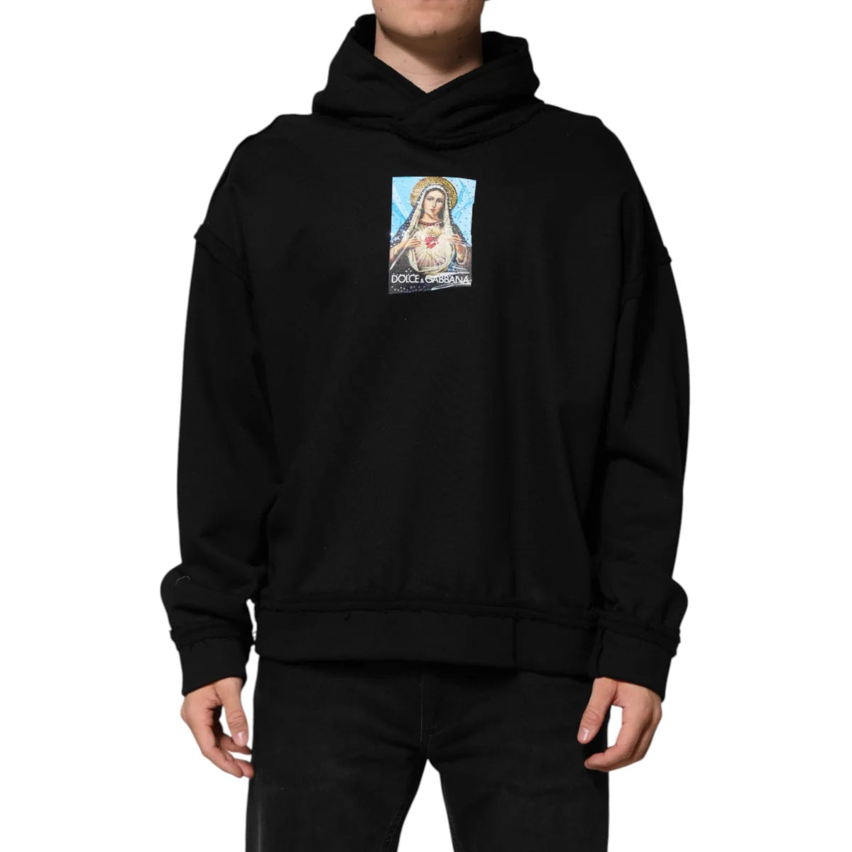Dazzling Dolce Gabbana Black Printed Hooded Sweater with Crystals &