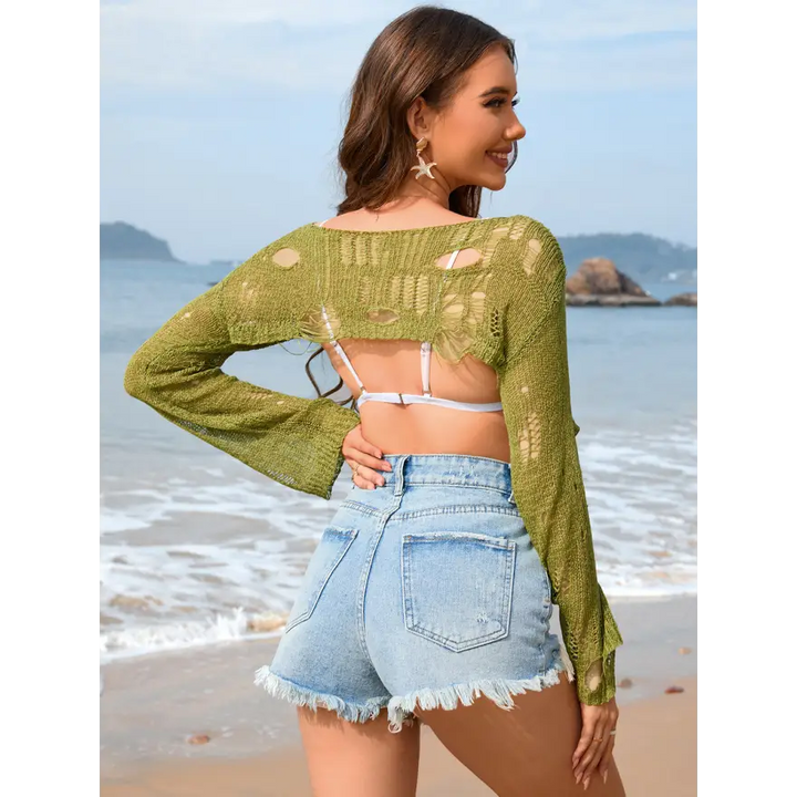 Effortless Edge Distressed Boat Neck Sweater Trendsi