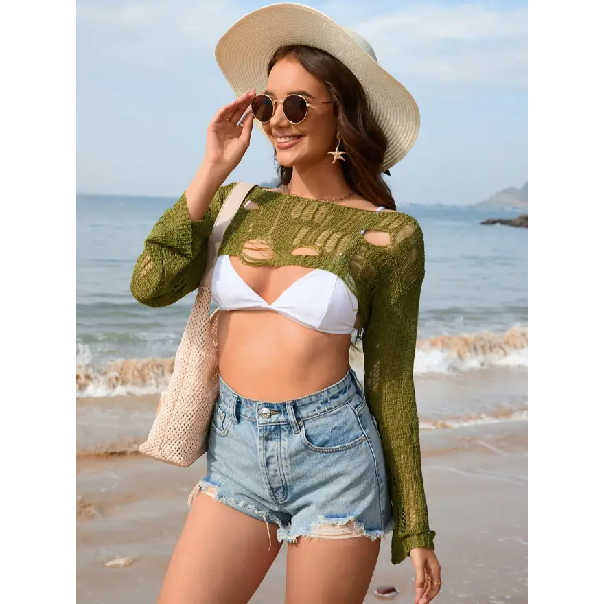 Effortless Edge Distressed Boat Neck Sweater Trendsi