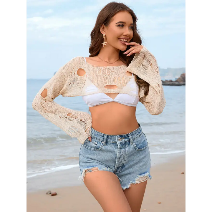 Effortless Edge Distressed Boat Neck Sweater Trendsi