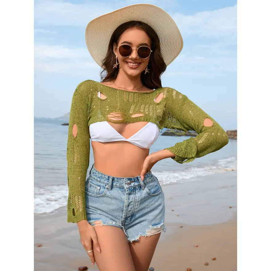 Effortless Edge Distressed Boat Neck Sweater Trendsi