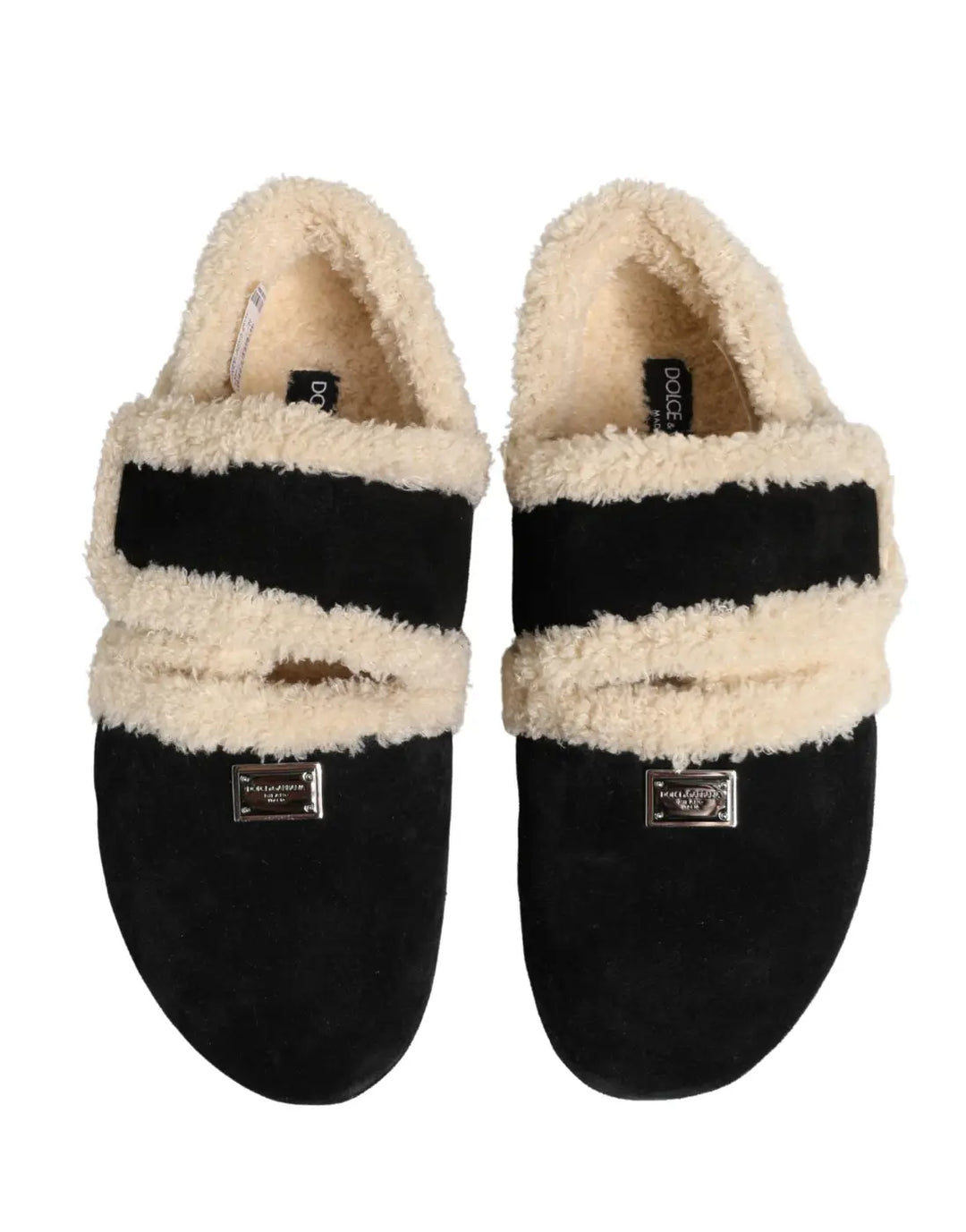 Dolce &amp; Gabbana Beige Black Faux Fur Flats Men Sandals Shoes