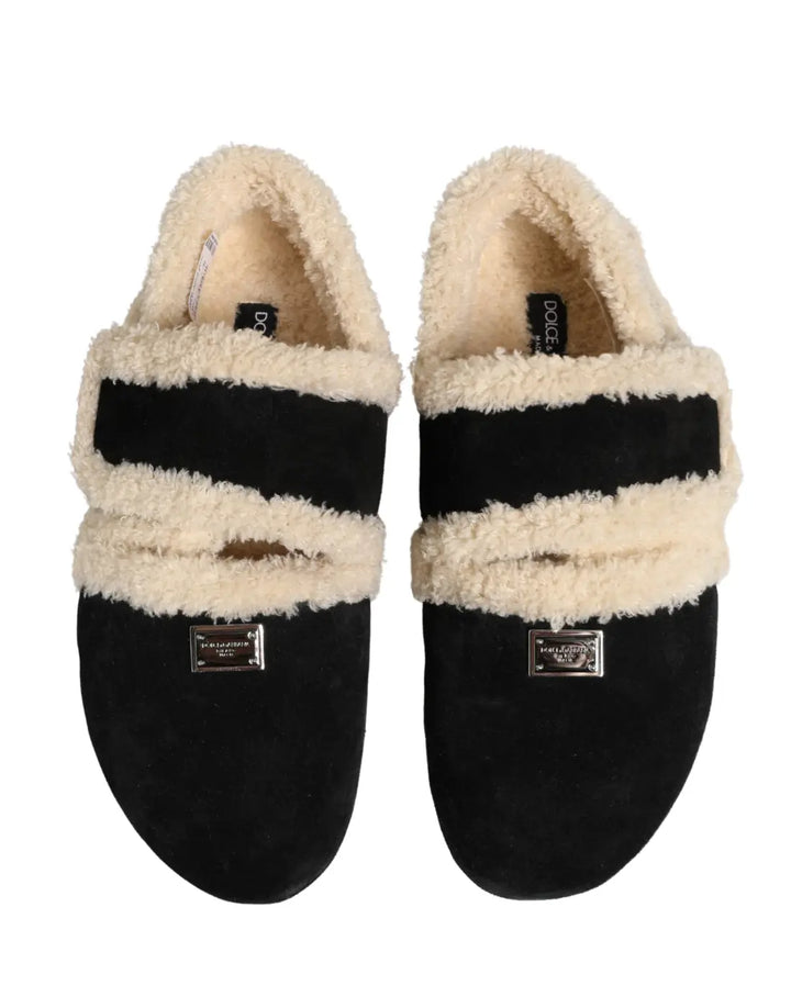 Dolce &amp; Gabbana Beige Black Faux Fur Flats Men Sandals Shoes