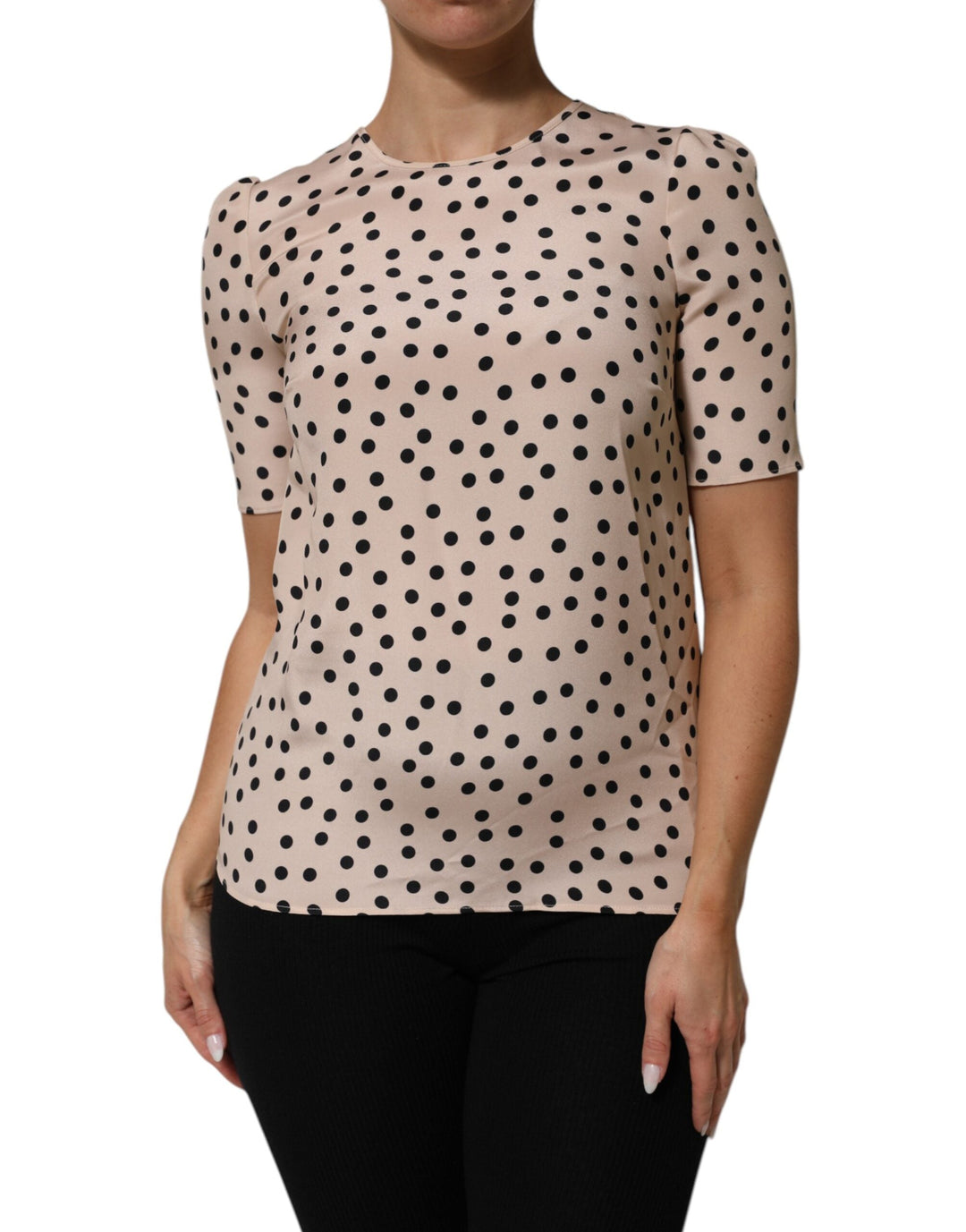 Dolce &amp; Gabbana Blouses - Beige Black Polka Dot Silk Short Sleeve Blouse Top