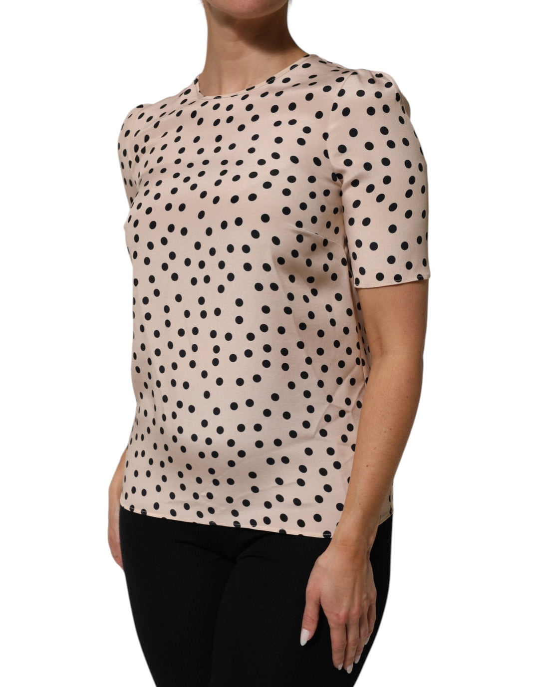 Dolce &amp; Gabbana Blouses - Beige Black Polka Dot Silk Short Sleeve Blouse Top