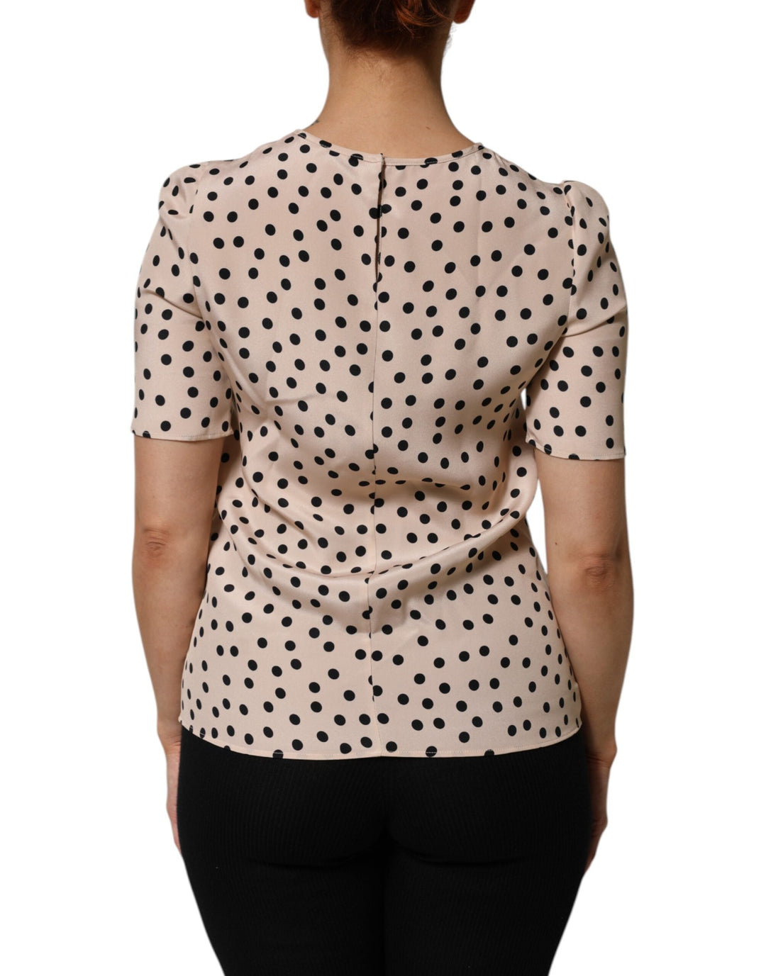 Dolce &amp; Gabbana Blouses - Beige Black Polka Dot Silk Short Sleeve Blouse Top