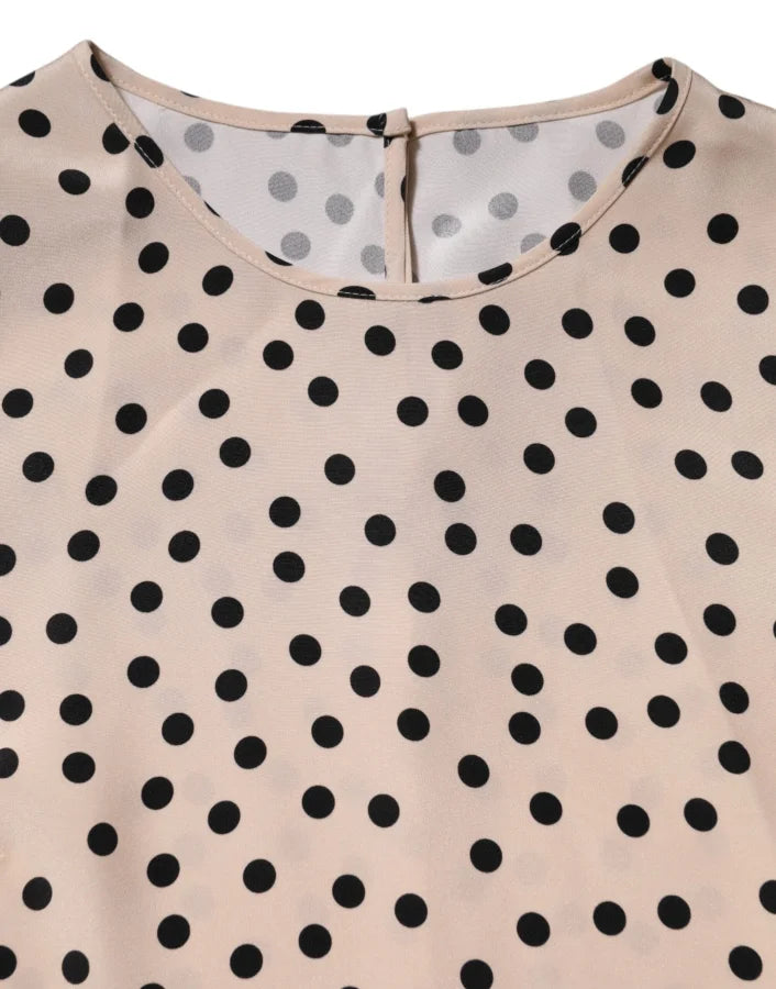 Dolce & Gabbana Beige Black Polka Dot Silk Short Sleeve Blouse Top