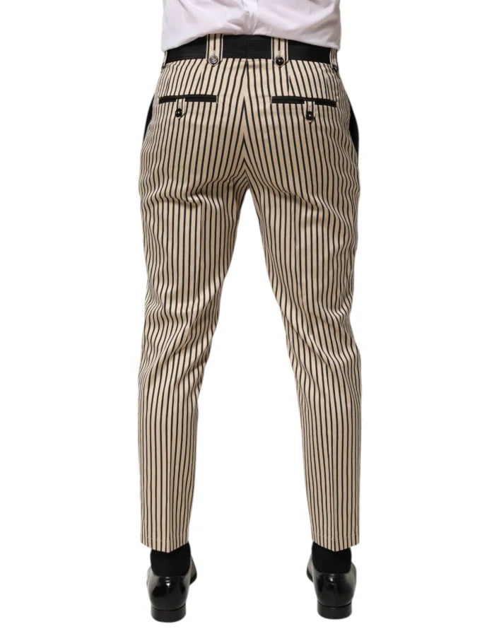Dolce & Gabbana Beige Black Striped Cotton Slim Fit Trousers Pants