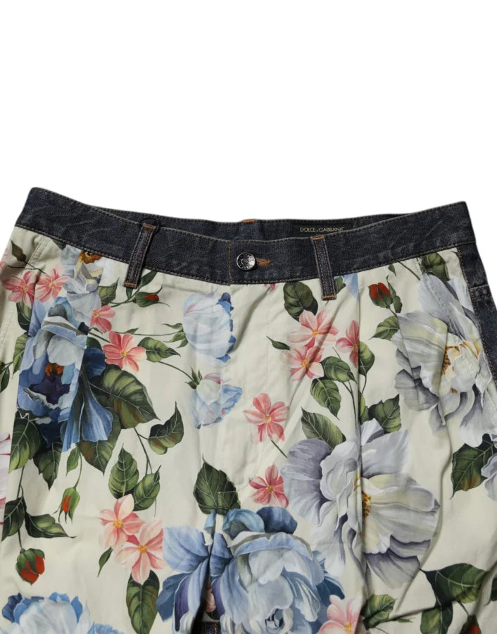 Dolce & Gabbana Beige Blue Floral Cotton Men Denim Jeans