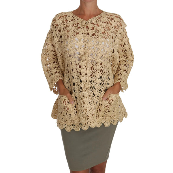 Dolce & Gabbana Beige Cardigan Crochet Knitted Raffia Sweater