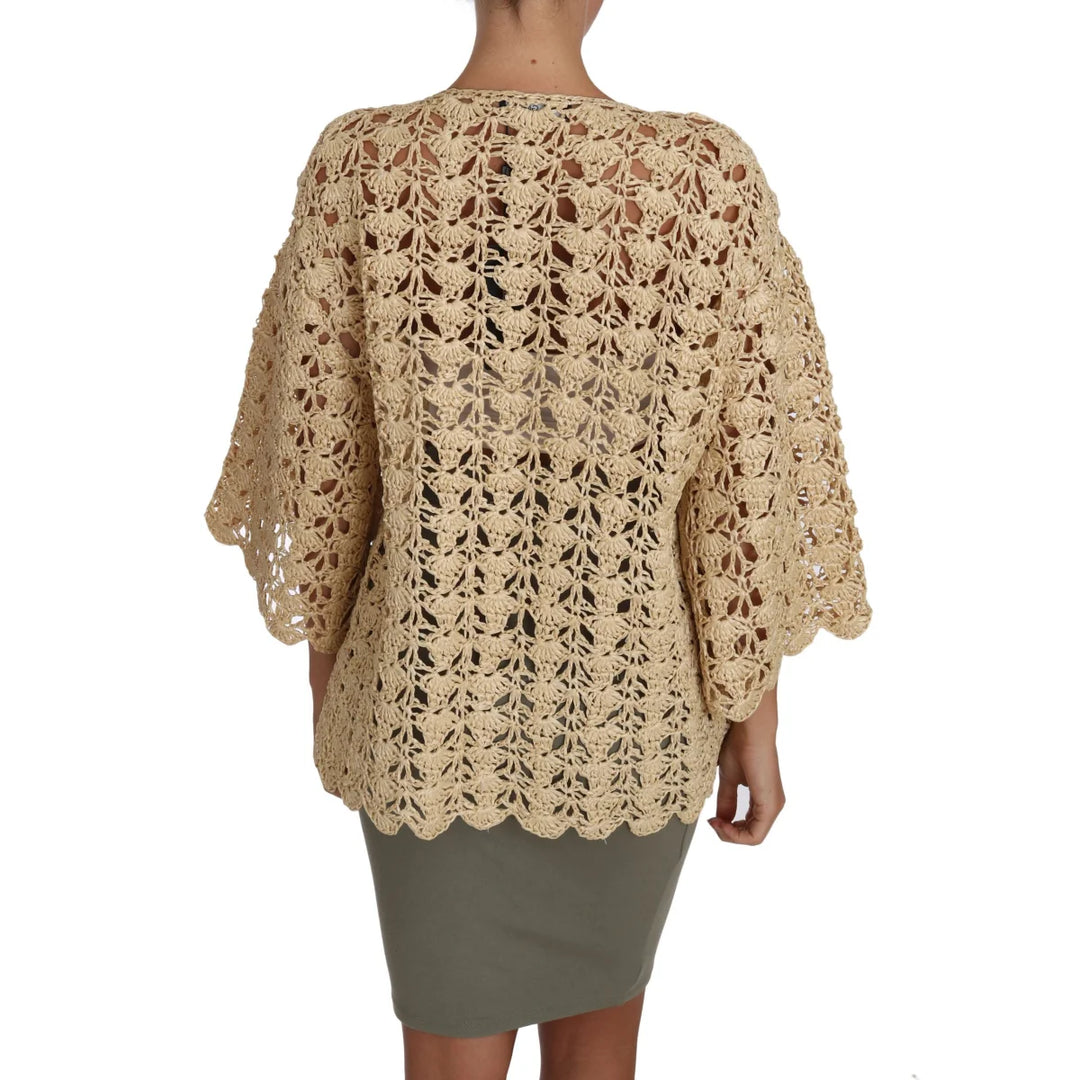 Dolce & Gabbana Beige Cardigan Crochet Knitted Raffia Sweater