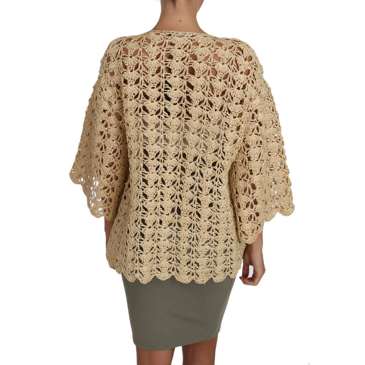 Dolce & Gabbana Beige Cardigan Crochet Knitted Raffia Sweater