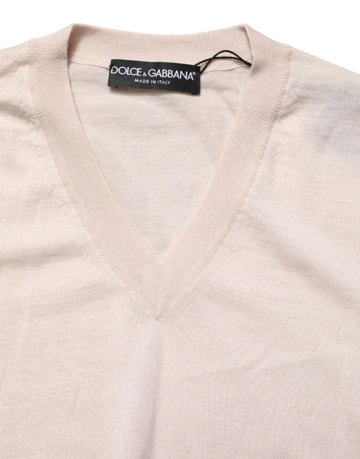 Dolce &amp; Gabbana Beige Cashmere V-neck Men Pullover Sweater