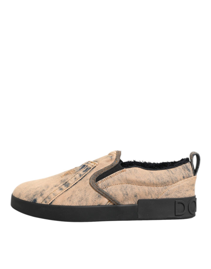 Dolce &amp; Gabbana Beige Cotton Low Top Slip on Sneakers Shoes