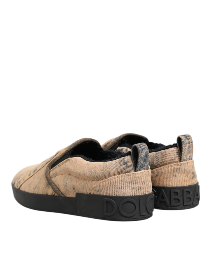 Dolce &amp; Gabbana Beige Cotton Low Top Slip on Sneakers Shoes