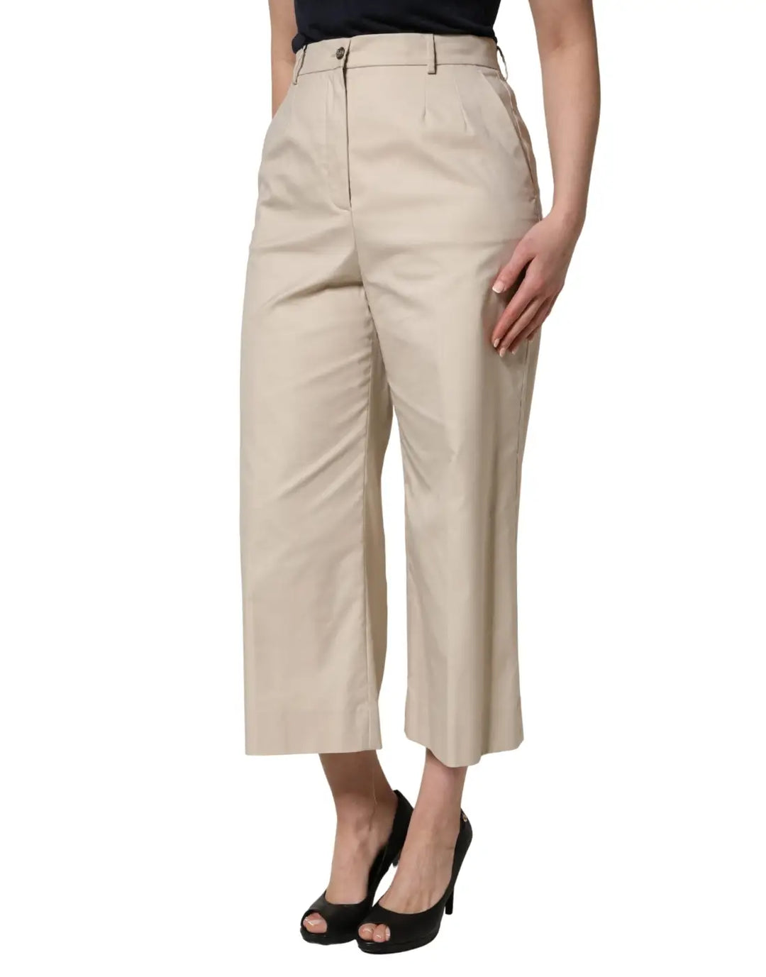 Dolce &amp; Gabbana Beige Cotton Mid Waist Cropped Trouser Pants