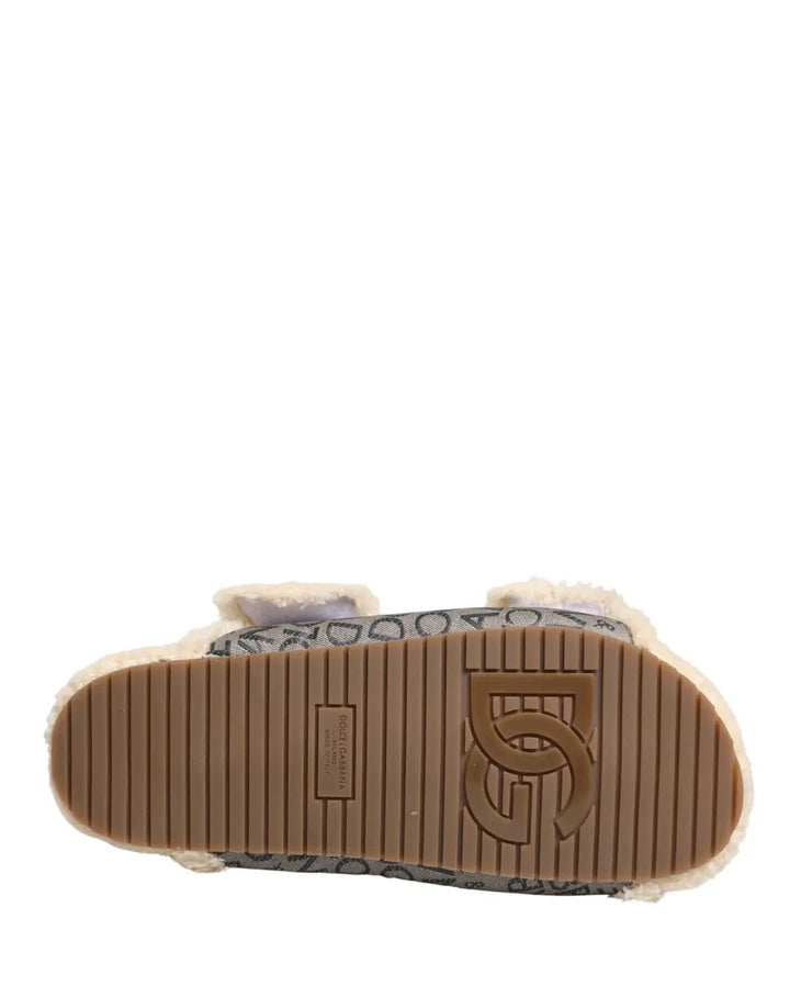 Dolce &amp; Gabbana Beige Faux Fur Logo Print Flats Sandals Shoes