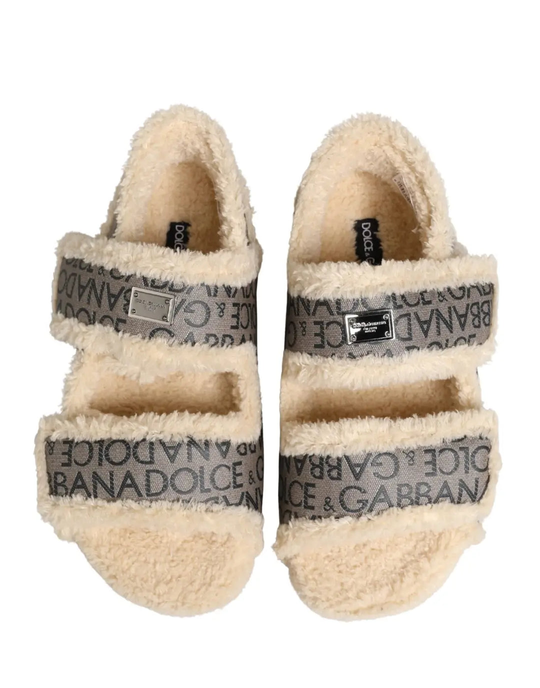 Dolce &amp; Gabbana Beige Faux Fur Logo Print Flats Sandals Shoes