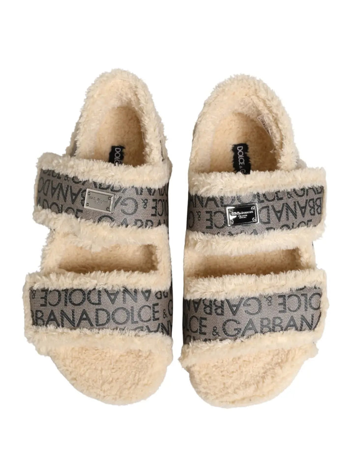 Dolce &amp; Gabbana Beige Faux Fur Logo Print Flats Sandals Shoes