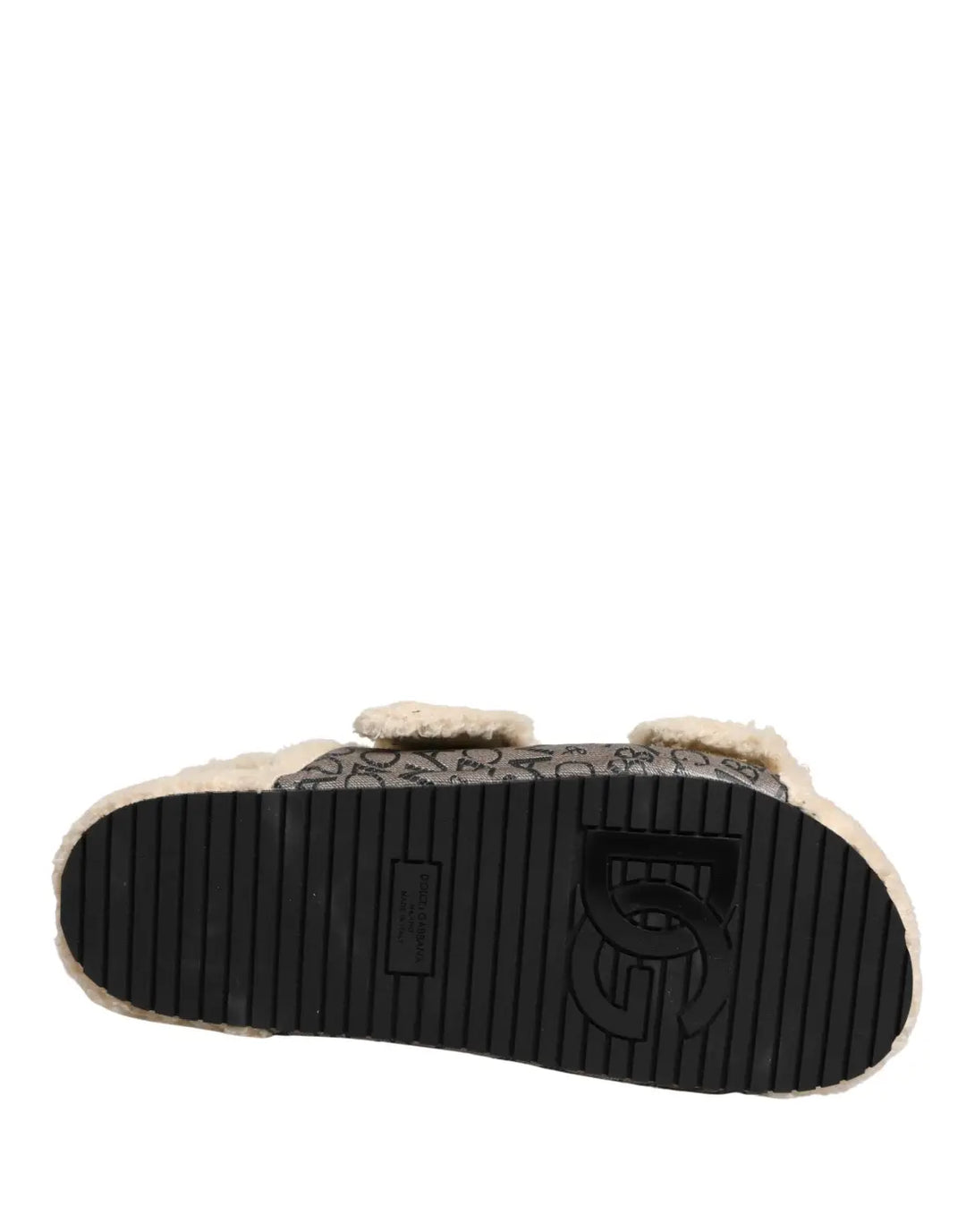 Dolce &amp; Gabbana Beige Faux Fur Logo Print Flats Sandals Shoes