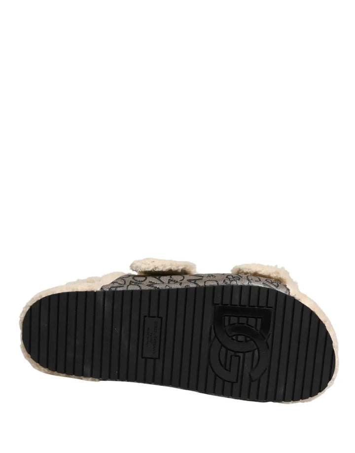 Dolce &amp; Gabbana Beige Faux Fur Logo Print Flats Sandals Shoes