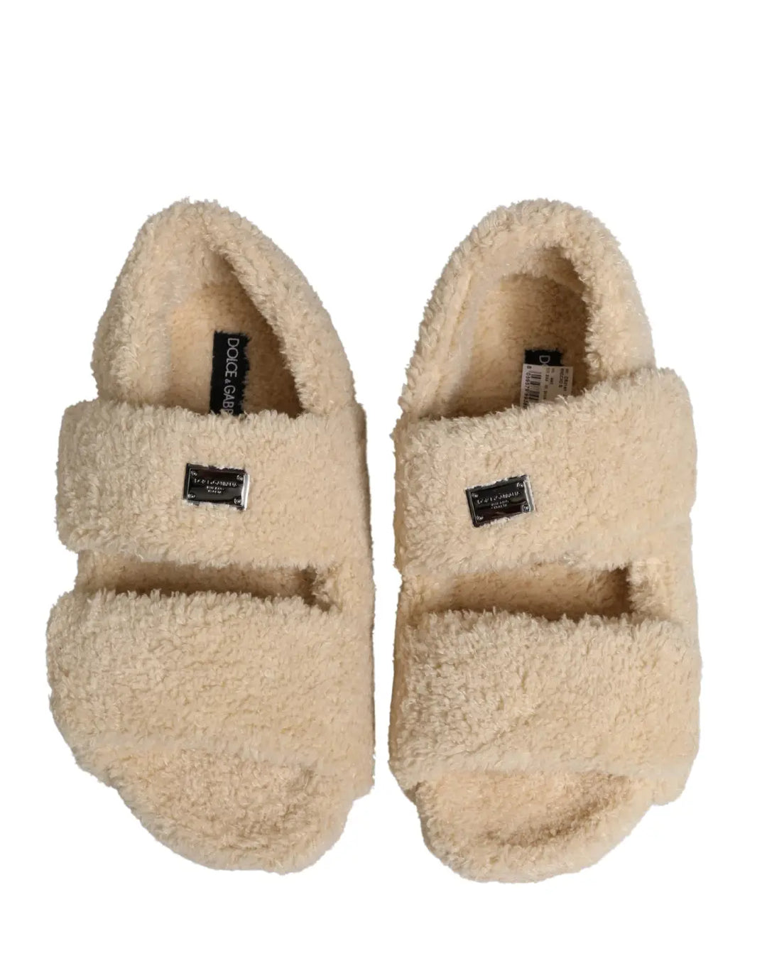 Dolce &amp; Gabbana Beige Faux Fur Slides Men Flats Sandals Shoes