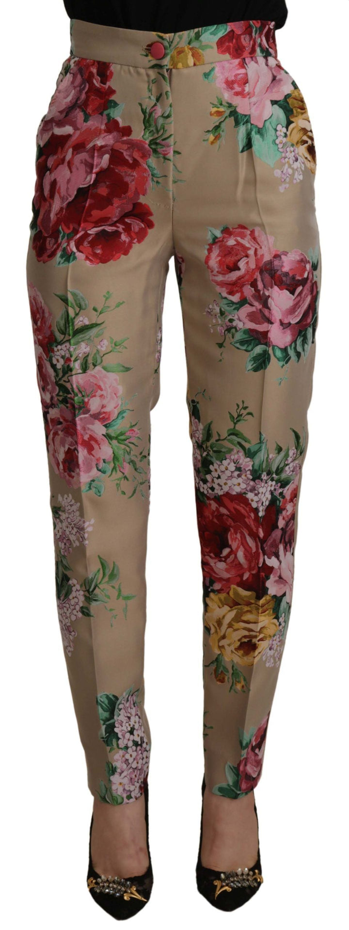 Dolce &amp; Gabbana Beige Floral Dress Formal High Waist Pants