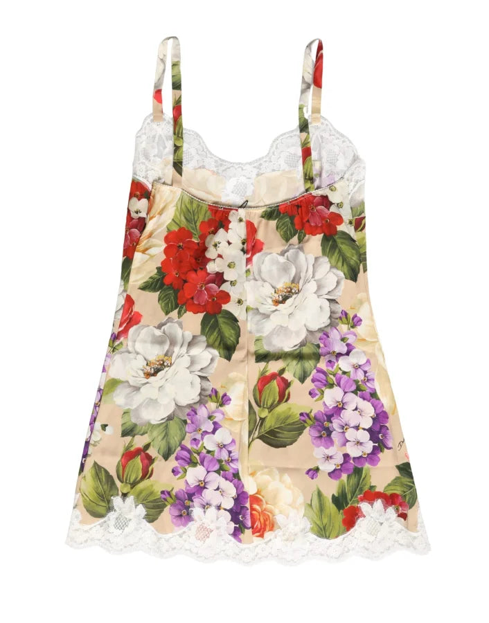 Dolce &amp; Gabbana Beige Floral Silk Tank Short Chemise Sleepwear