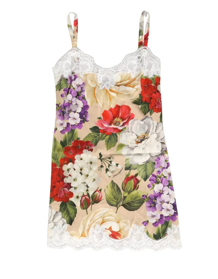 Dolce &amp; Gabbana Beige Floral Silk Tank Short Chemise Sleepwear