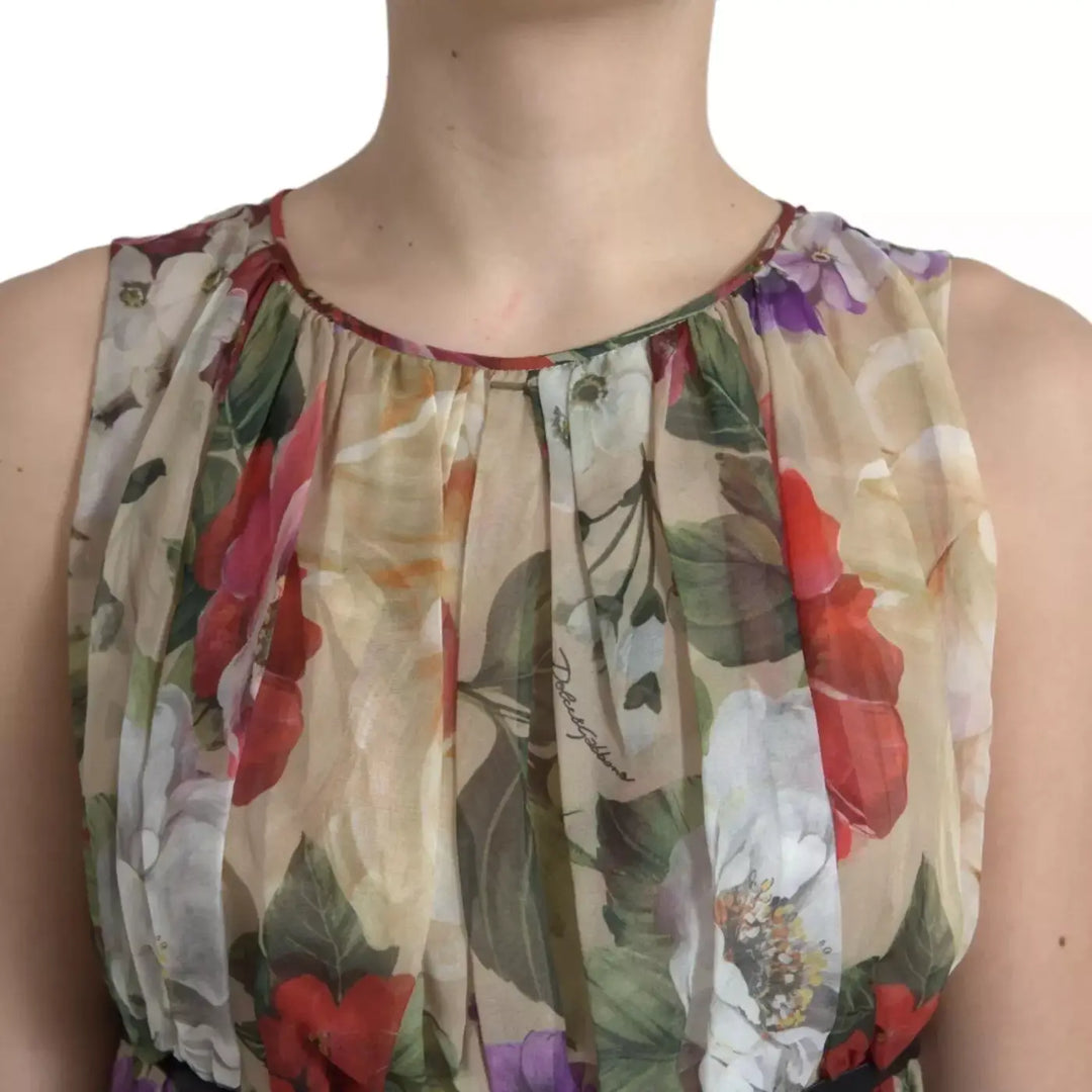 Dolce &amp; Gabbana Beige Floral Sleeveless A-line Mini Dress