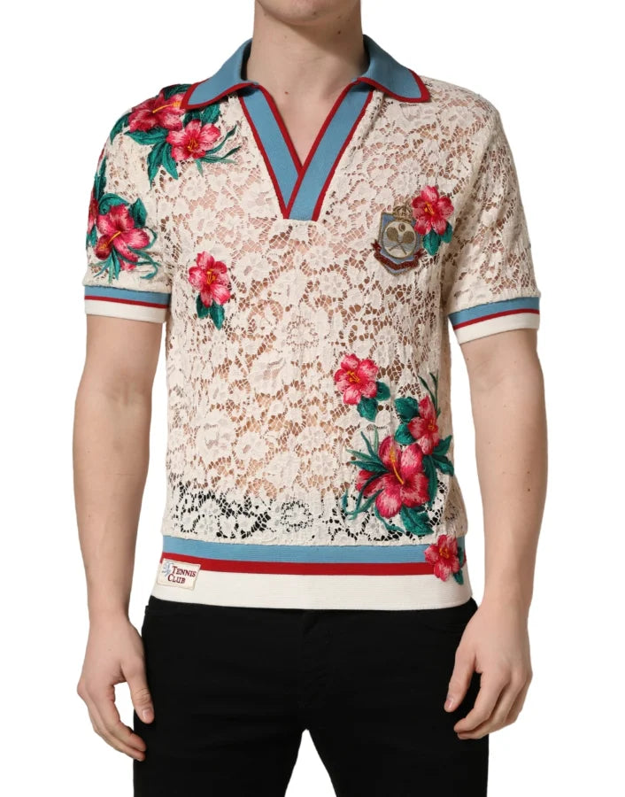 Dolce &amp; Gabbana Beige Floral Tennis Club Lace Polo T-shirt