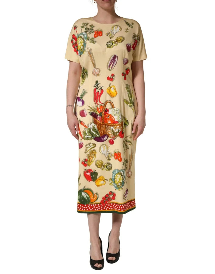 Dolce &amp; Gabbana Beige Fruit PolkaDot Sheath Silk Midi Dress