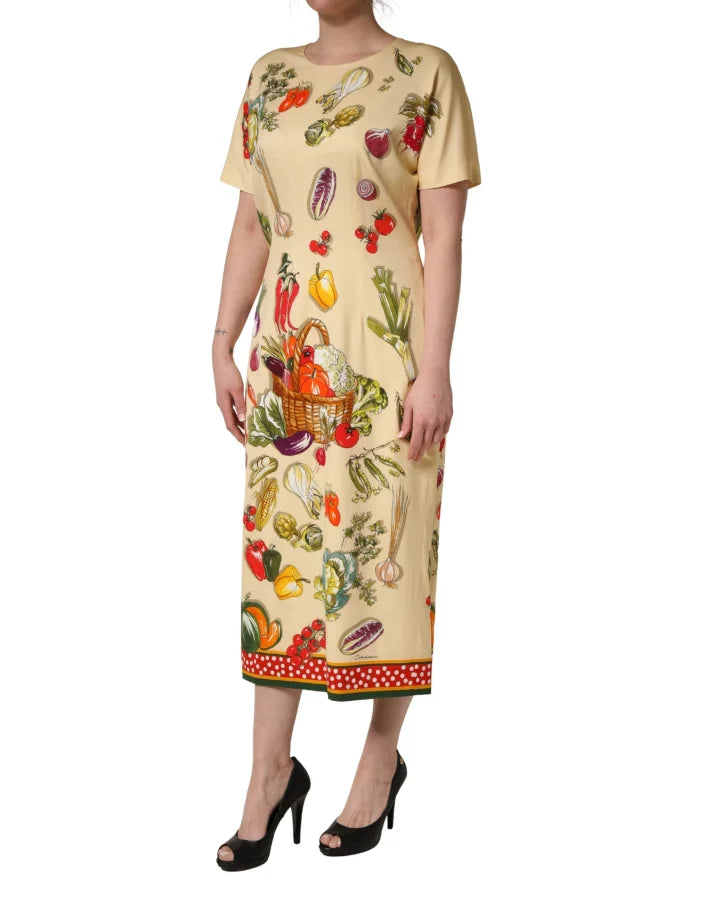 Dolce &amp; Gabbana Beige Fruit PolkaDot Sheath Silk Midi Dress
