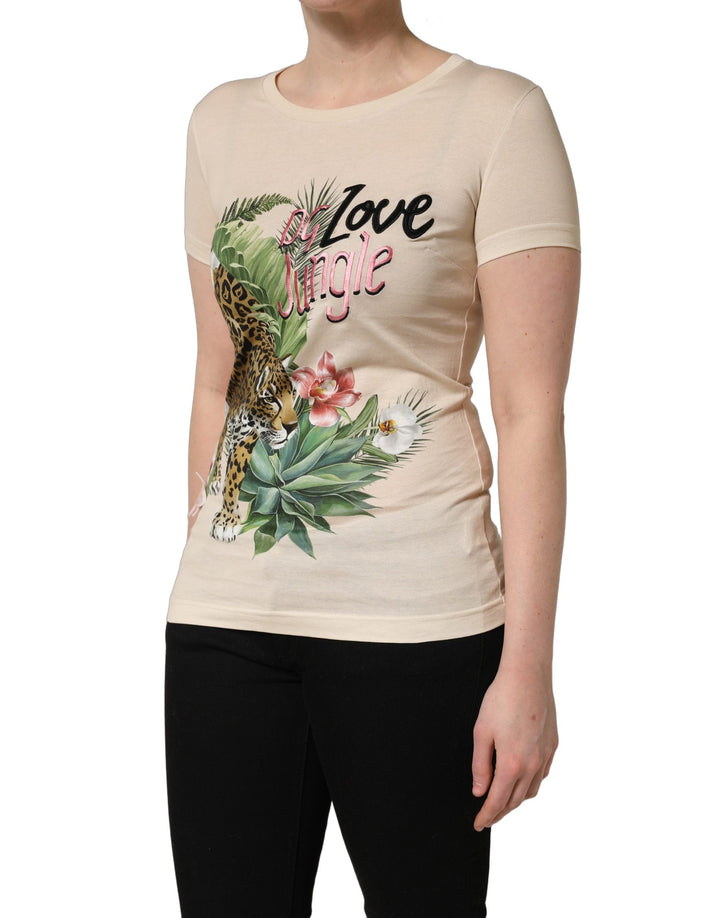 Dolce &amp; Gabbana T-Shirts - Beige Jungle Print Cotton Round Neck T-Shirt