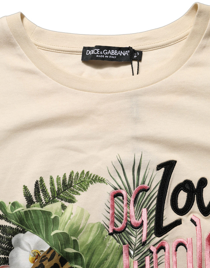 Dolce &amp; Gabbana T-Shirts - Beige Jungle Print Cotton Round Neck T-Shirt