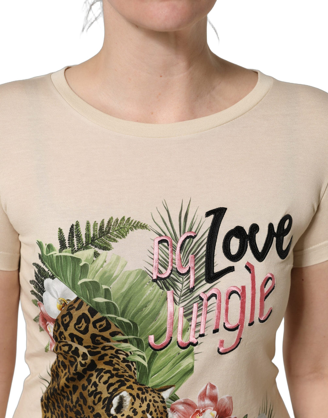 Dolce &amp; Gabbana T-Shirts - Beige Jungle Print Cotton Round Neck T-Shirt