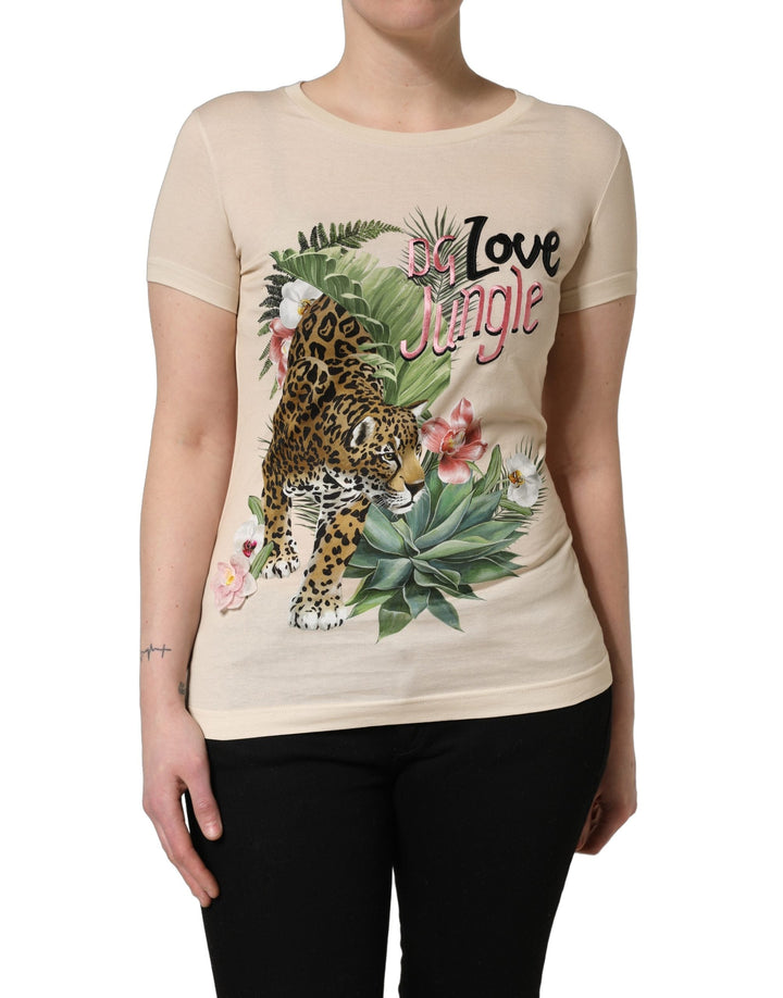Dolce &amp; Gabbana T-Shirts - Beige Jungle Print Cotton Round Neck T-Shirt