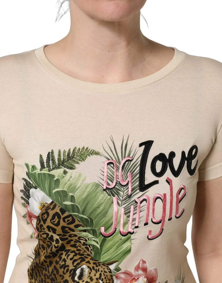 Dolce &amp; Gabbana Beige Jungle Print Cotton Round Neck T-Shirt