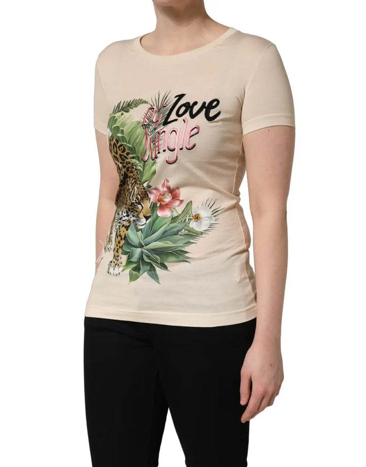 Dolce &amp; Gabbana Beige Jungle Print Cotton Round Neck T-Shirt