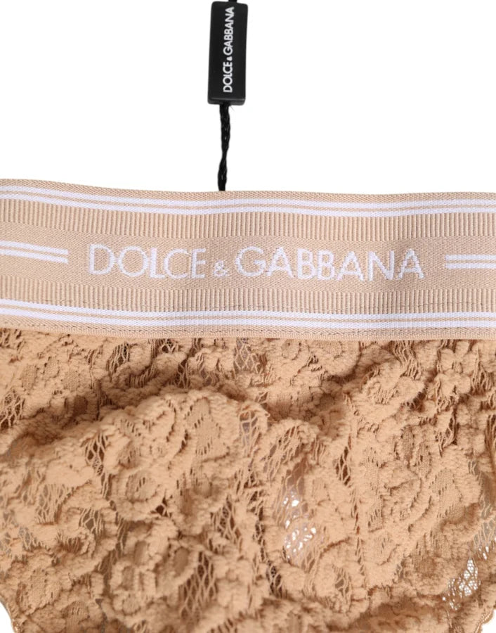 Dolce & Gabbana Beige Lace Logo Elastic Waist Thong Tanga Underwear
