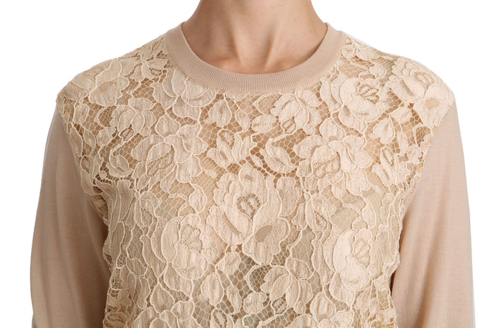 Dolce &amp; Gabbana - Beige Lace Long Sleeve Top Cashmere Blouse
