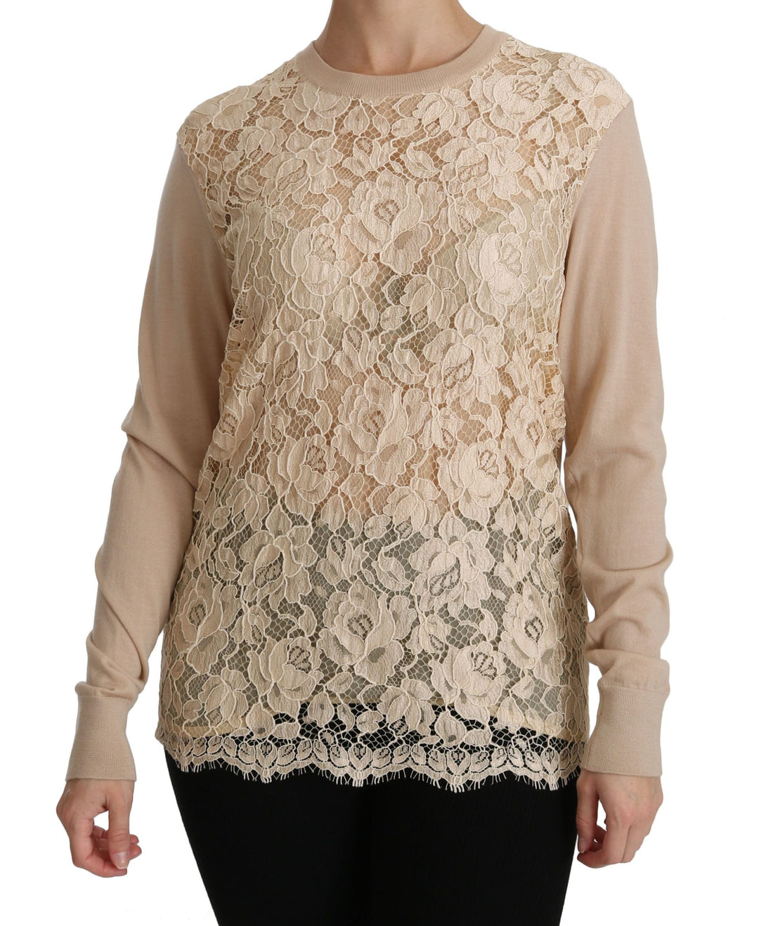 Dolce &amp; Gabbana - Beige Lace Long Sleeve Top Cashmere Blouse