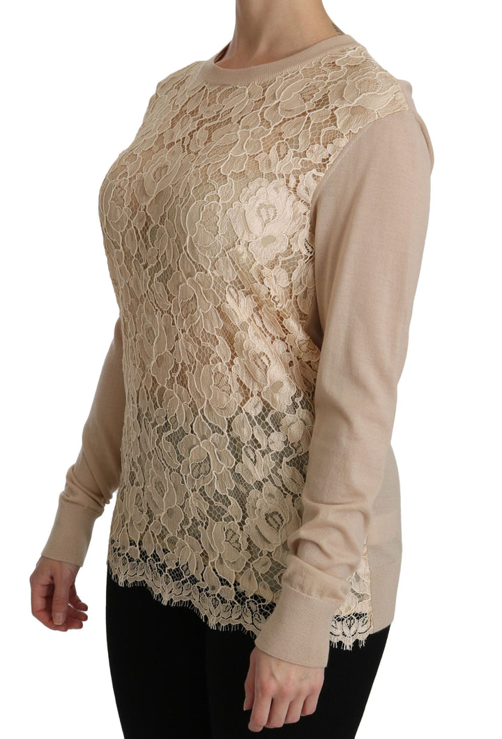Dolce &amp; Gabbana - Beige Lace Long Sleeve Top Cashmere Blouse