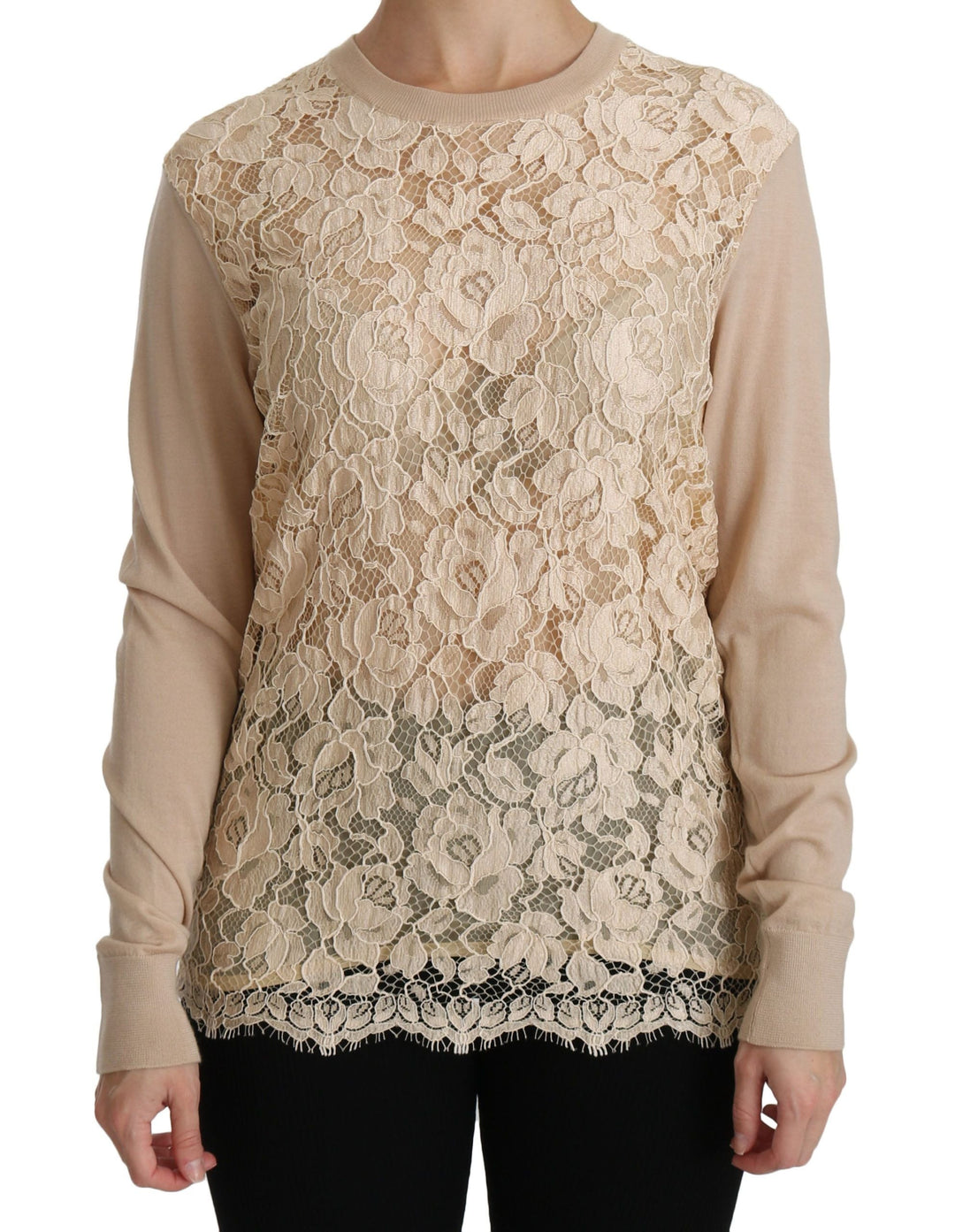 Dolce &amp; Gabbana - Beige Lace Long Sleeve Top Cashmere Blouse