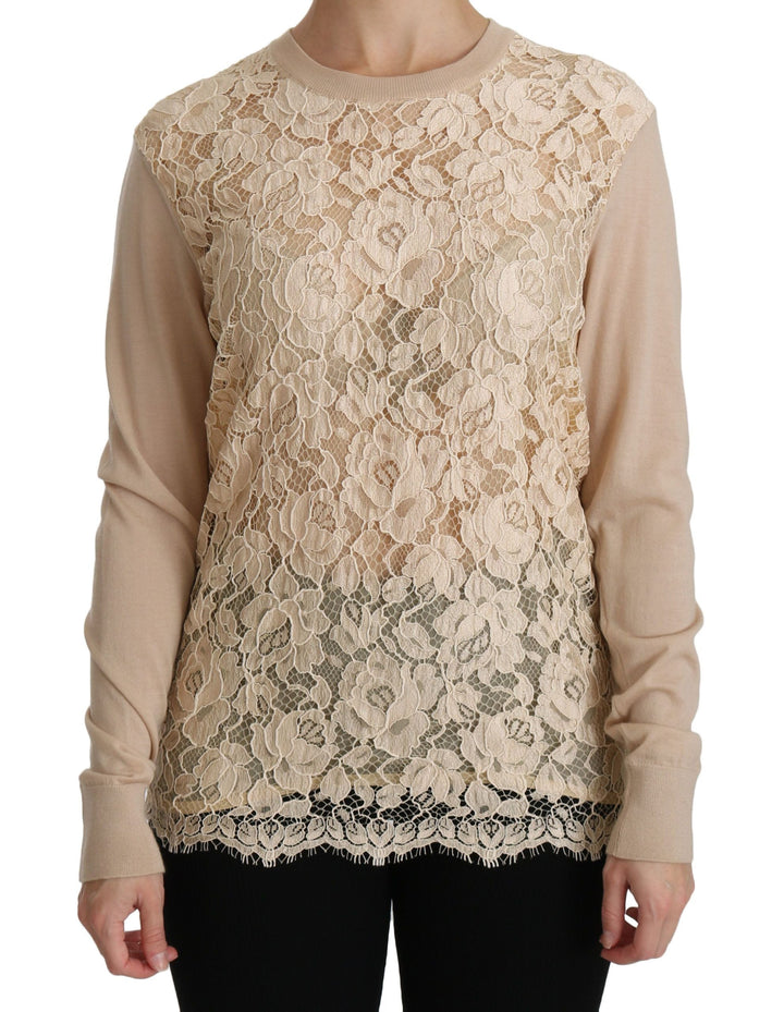 Dolce &amp; Gabbana - Beige Lace Long Sleeve Top Cashmere Blouse