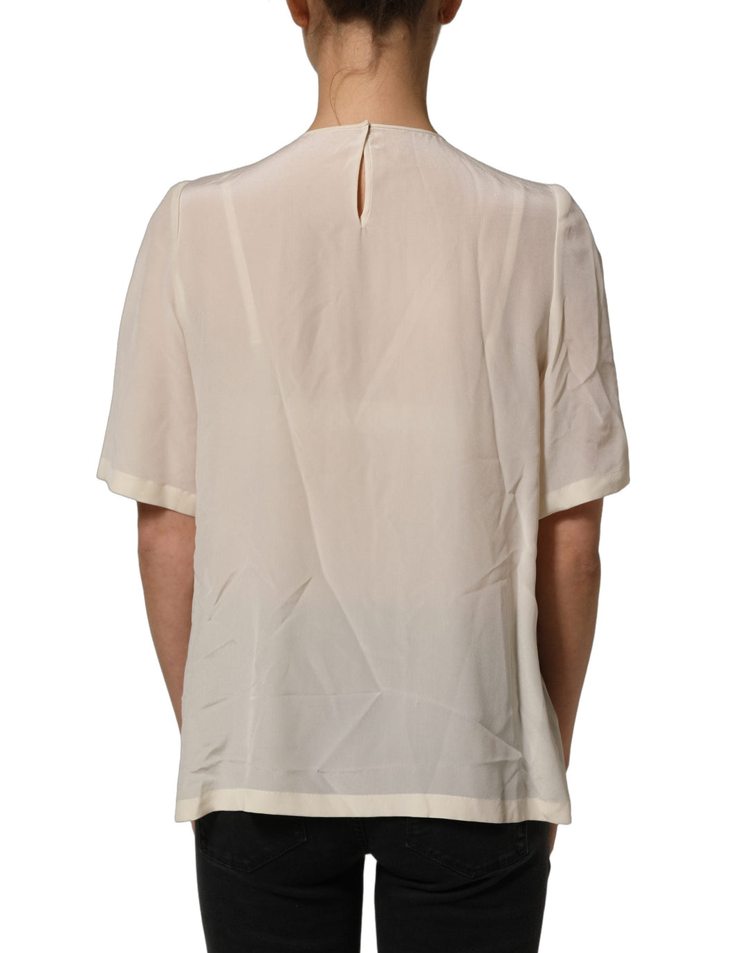 Dolce &amp; Gabbana Blouses - Women’s Beige Lace Trim Bow Short Sleeves Blouse Top