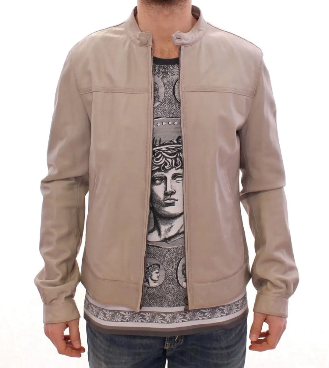 Dolce &amp; Gabbana Beige Leather Jacket Biker Coat