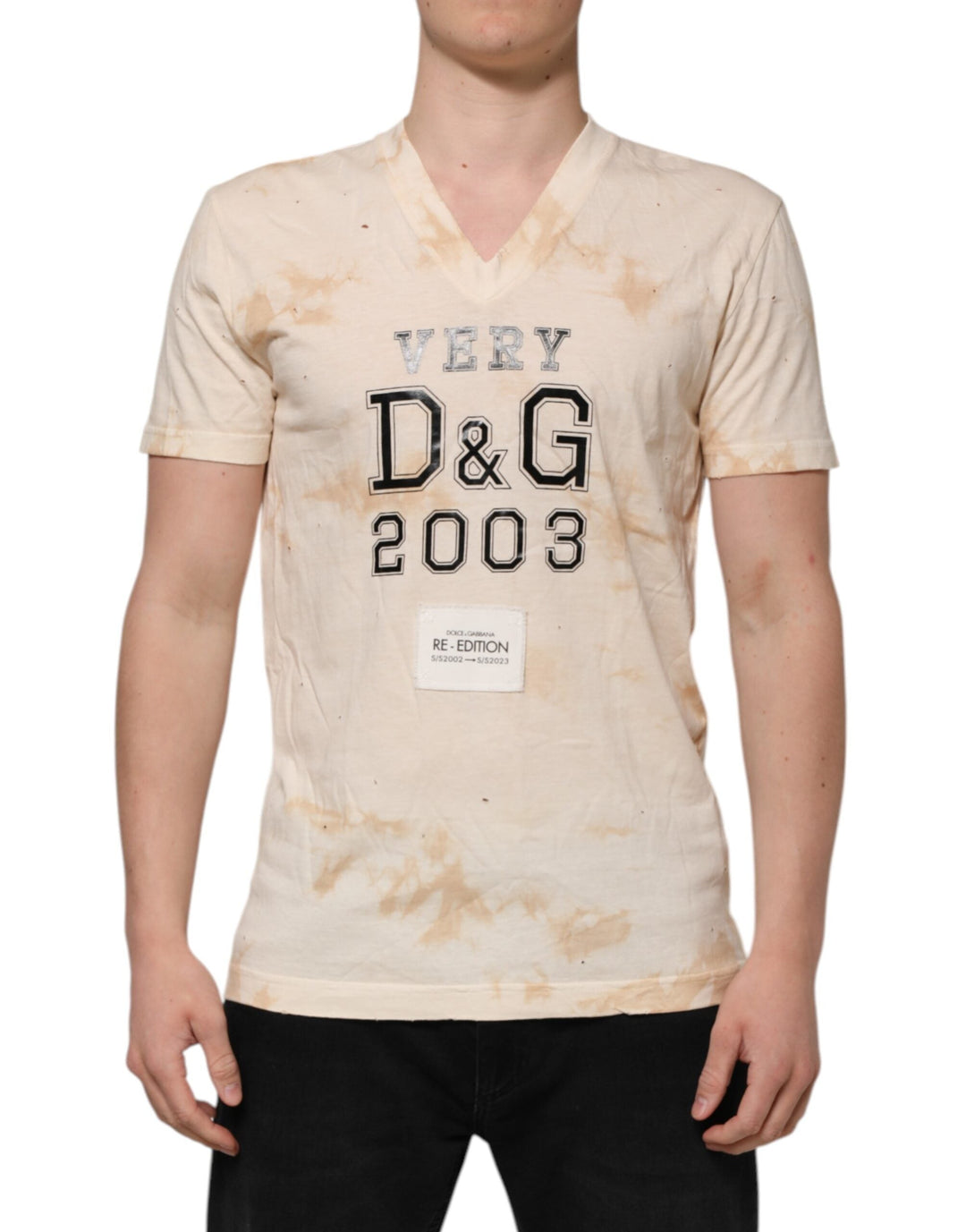 Dolce &amp; Gabbana Beige Logo Print Short Sleeve V-neck T-shirt