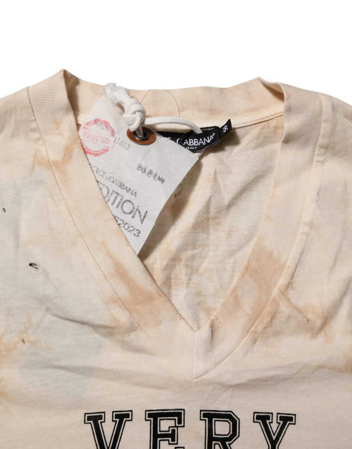 Dolce &amp; Gabbana Beige Logo Print Short Sleeve V-neck T-shirt